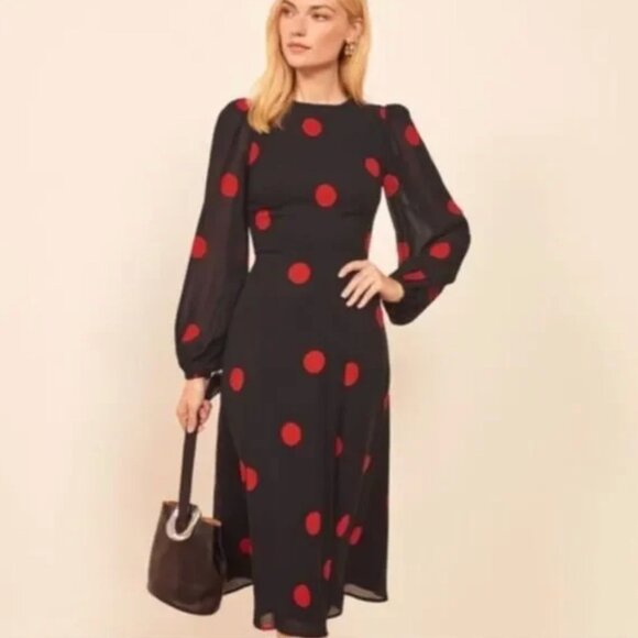 Reformation Luanne Red and Black Polka Dot Long Sleeve Midi Dress Size 4P - Picture 2 of 12